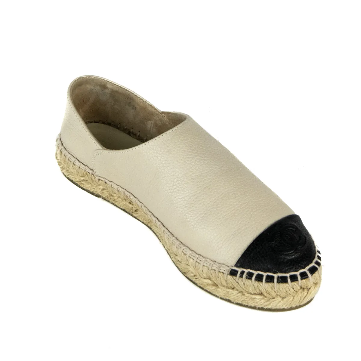 Chanel Beige & Black Leather Cap Toe Espadrilles Size US 6 | EU 36