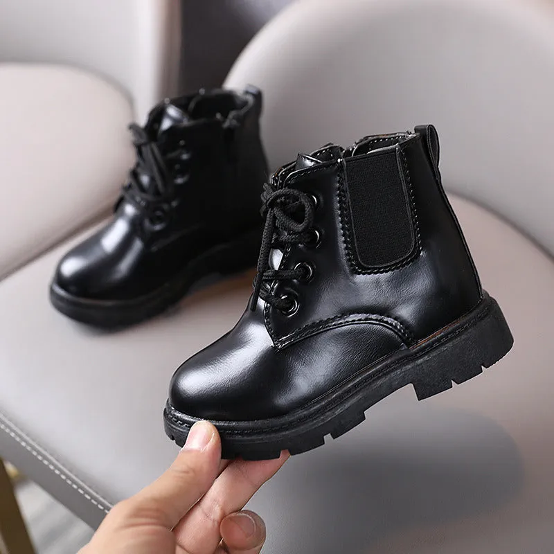 Classic Glossy All-Black PU Leather Kids Girl Short Boots for Winter Autumn Wedding Party Formal Children Shoes