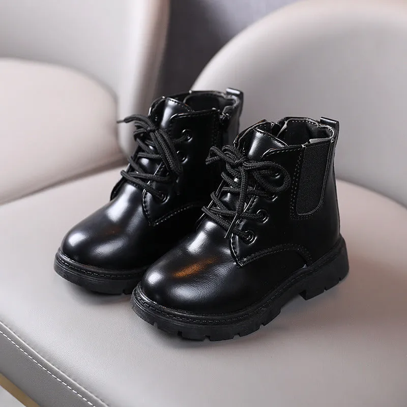 Classic Glossy All-Black PU Leather Kids Girl Short Boots for Winter Autumn Wedding Party Formal Children Shoes