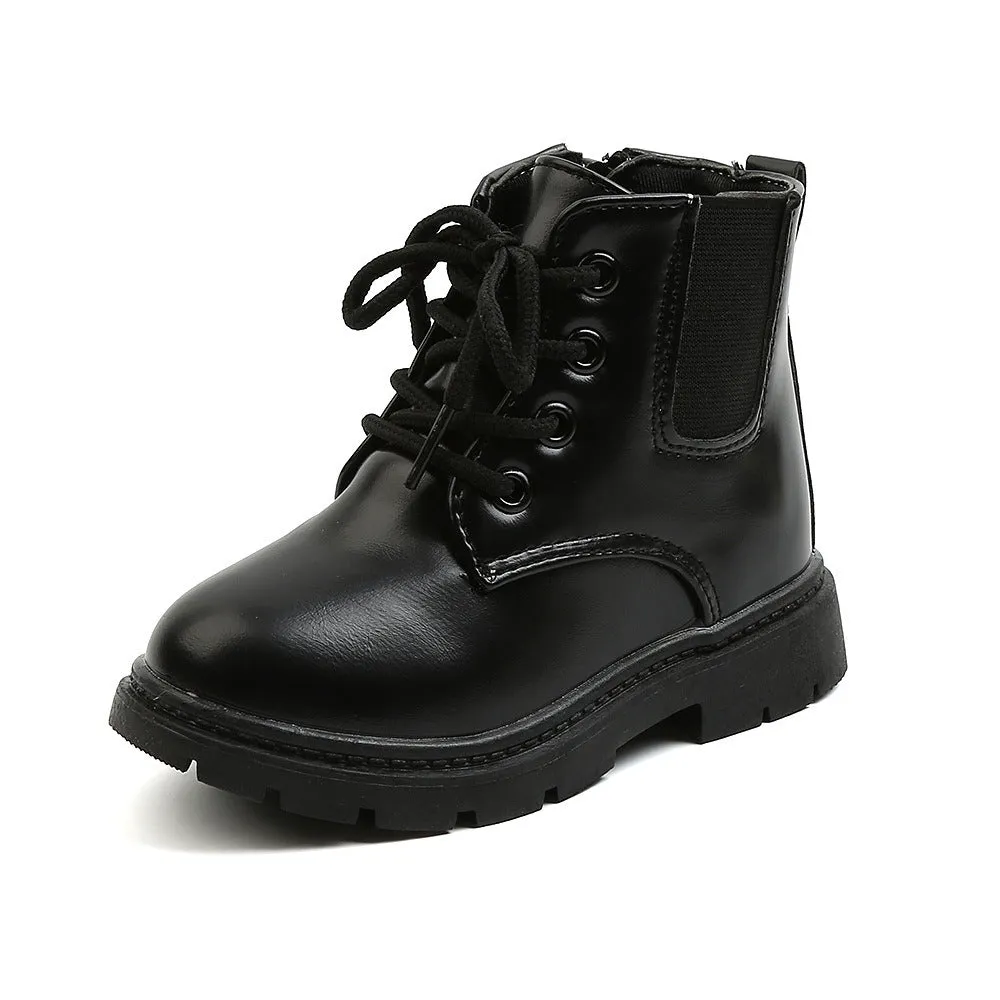 Classic Glossy All-Black PU Leather Kids Girl Short Boots for Winter Autumn Wedding Party Formal Children Shoes