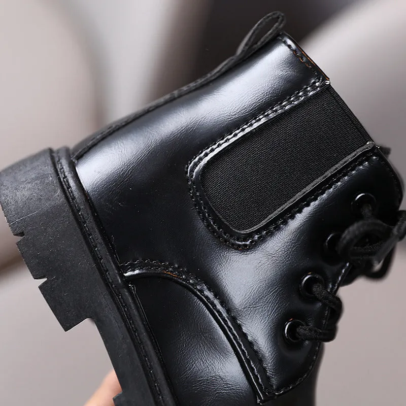 Classic Glossy All-Black PU Leather Kids Girl Short Boots for Winter Autumn Wedding Party Formal Children Shoes