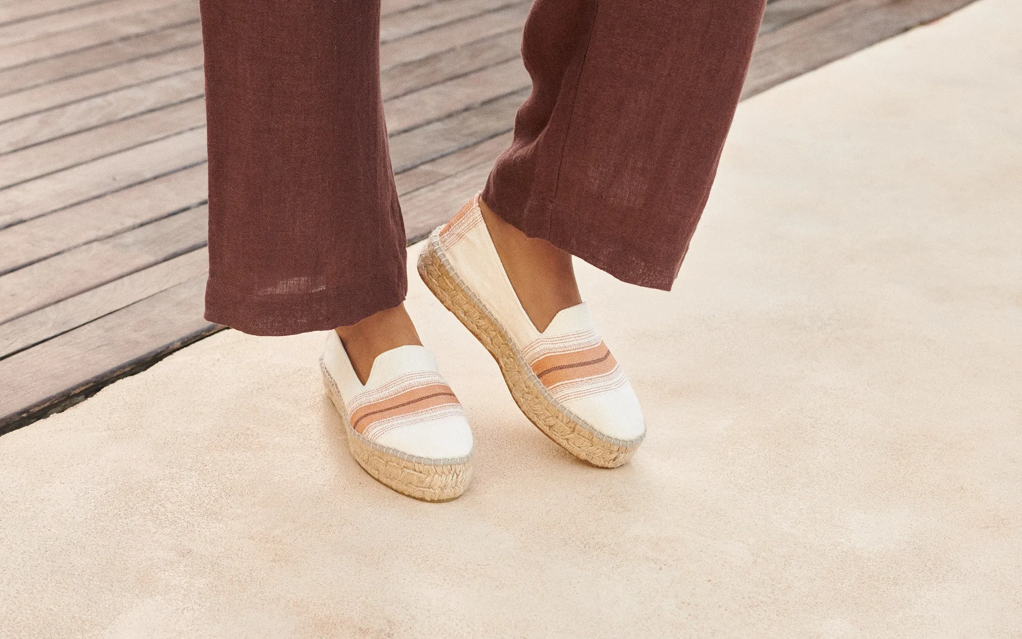 Cotton Linen And Silk Raw Fabric|Double Sole Espadrilles - Z61D0 - Yucatán Rust Macro Stripe