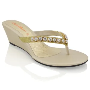 EVA THONG TOE POST STRAPPY SPARKLY GEM STONE DIAMANTE WEDGE SANDALS MID HEELS IN GOLD