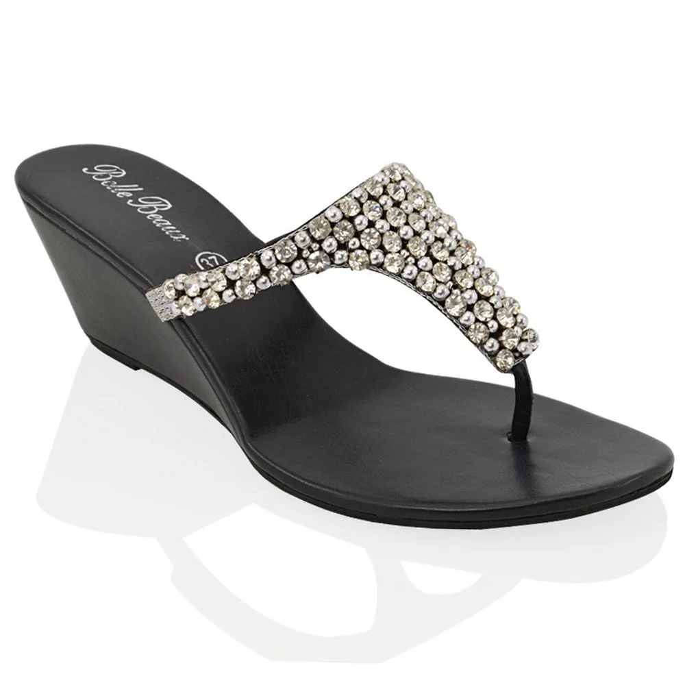 Logan Diamante Embellished Sparkly Statement Strappy Toe Post Thong Wedge Sandal High Heels in Silver