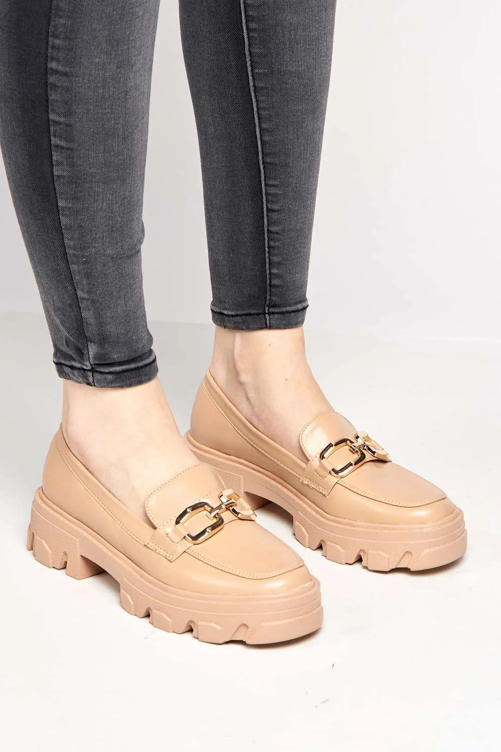 Lorena Chunky Sole Chain Detail Loafers in Cream