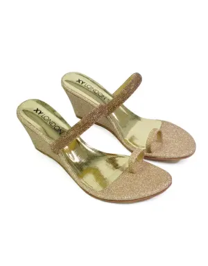 Lucille Slip On Strappy Sparkly Diamante Wedge Sandal Heels in Gold