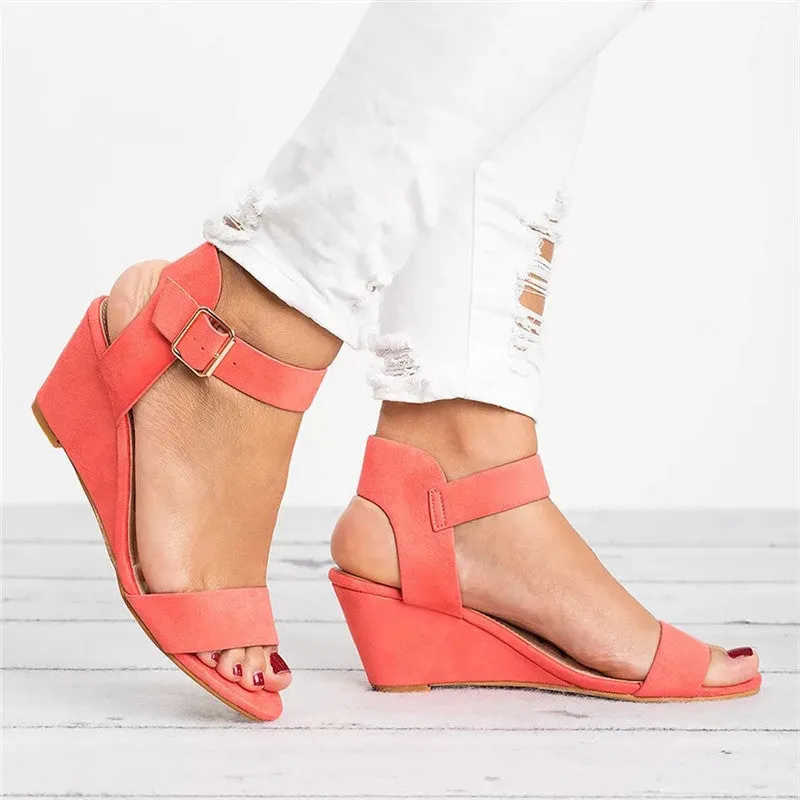 Women's Ankle Buckle Low Wedge Sandals