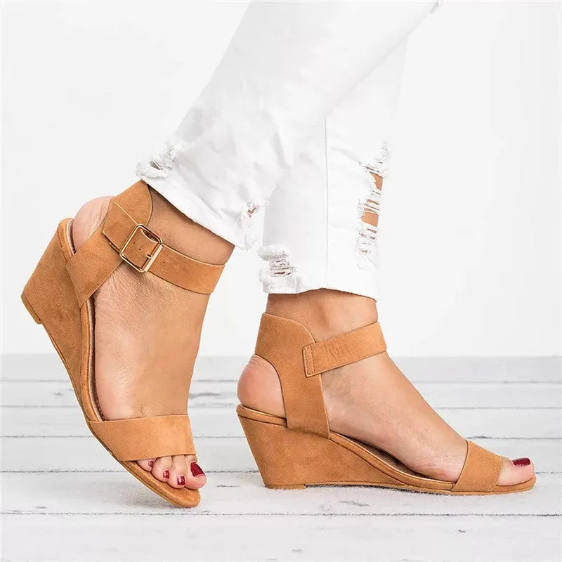 Women's Ankle Buckle Low Wedge Sandals